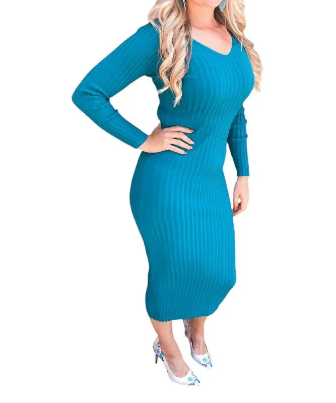 Women's V-Shaped Collar SweatersSweaterknit Dress In Teal