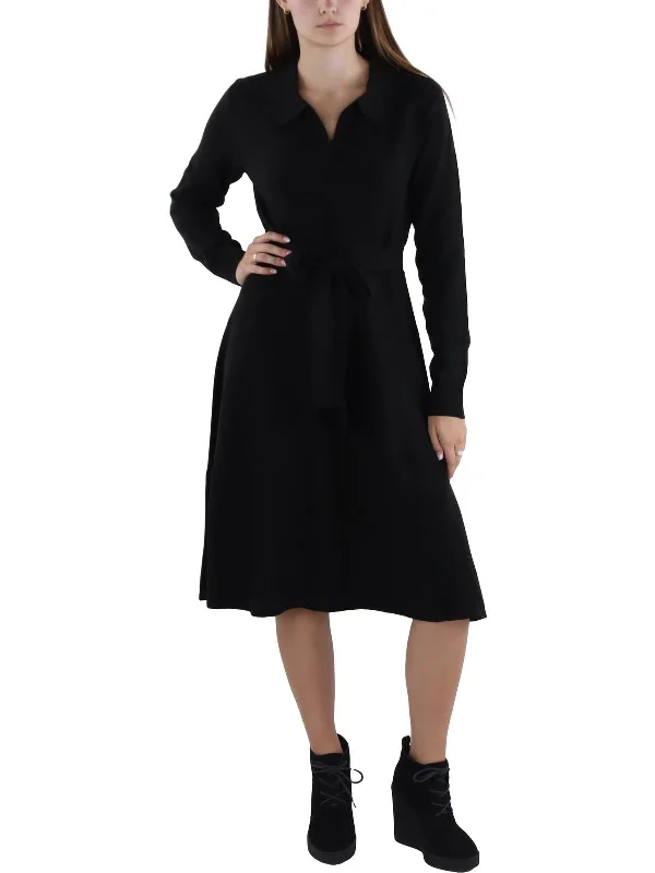 Women's Notched Collar SweatersWomens Knit Knee Length Sweaterdress