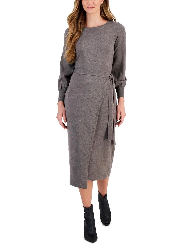 Women's Gathered SweatersWomens Ribbed Trim Mid Calf Sweaterdress