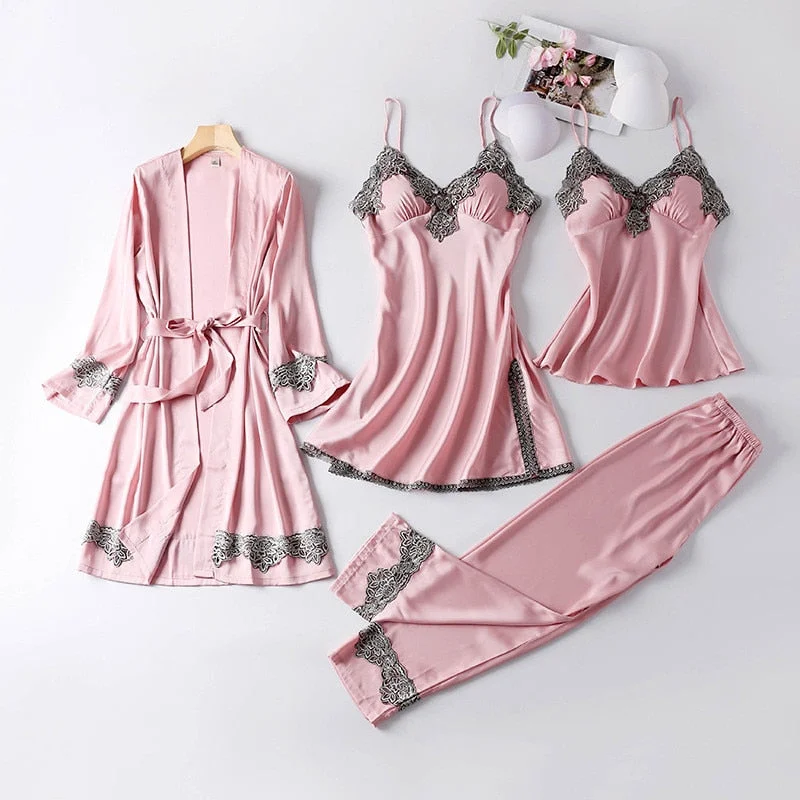 ladies' silk pajama tops4 Pieces Silk Pajamas Set