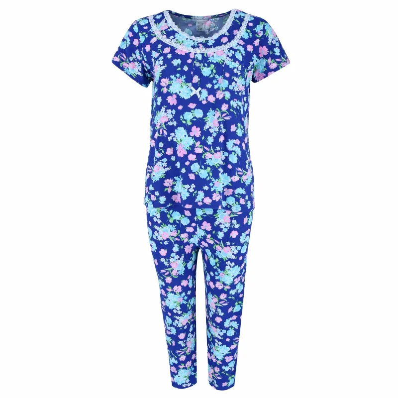 women's pajamas for a night of deep sleepElegant Emily Women's Blue Floral Capri Sleep Set