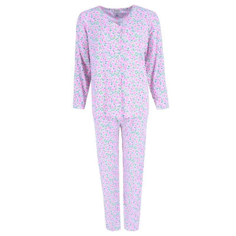 women's button-down pajama shirtsGabriella Women's Button Up Long Sleeve & Pant Pink Floral Set