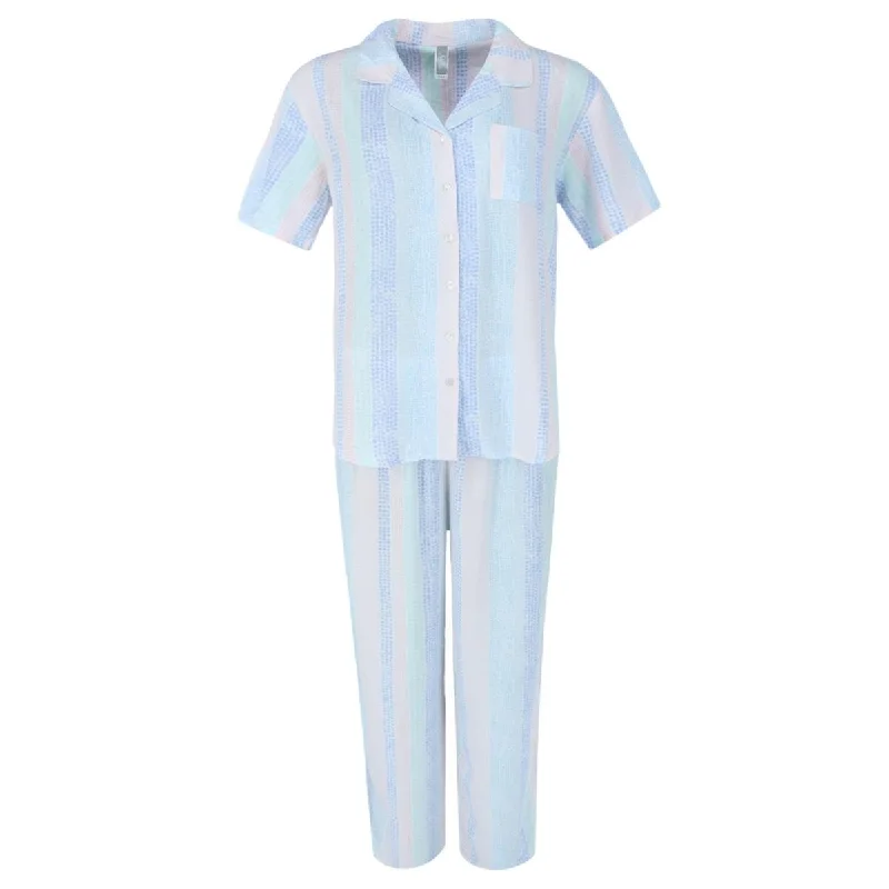 women's striped pajama setsPJ Couture Women's Multi Stripe Notch Short Sleeve Pajama Set