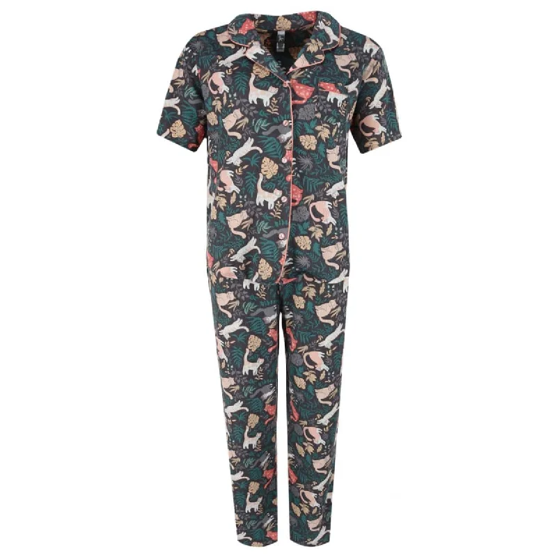 women's pajamas for a night of deep sleepPJ Couture Women's Tropical Cats Short Sleeve Notch Collar Pajama Set