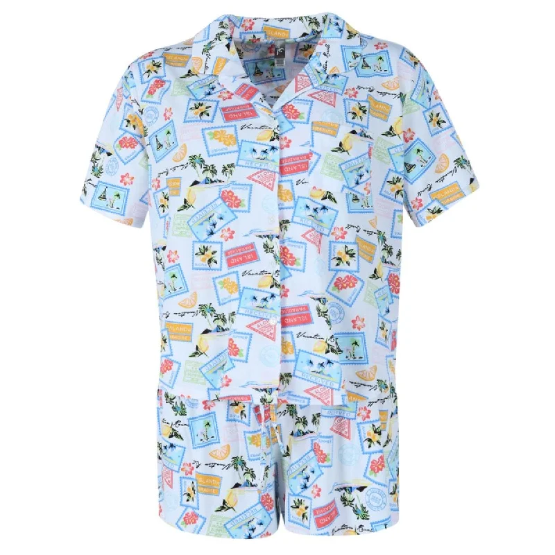 plus-size women's pajama pantsPJ Couture Women's Vacation Stamps Notch Collar Short Set